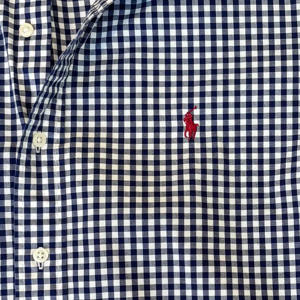 Ralph Lauren Custom Fit Gingham Shirt Button Down Navy White Mens Size XXL - Picture 2 of 9